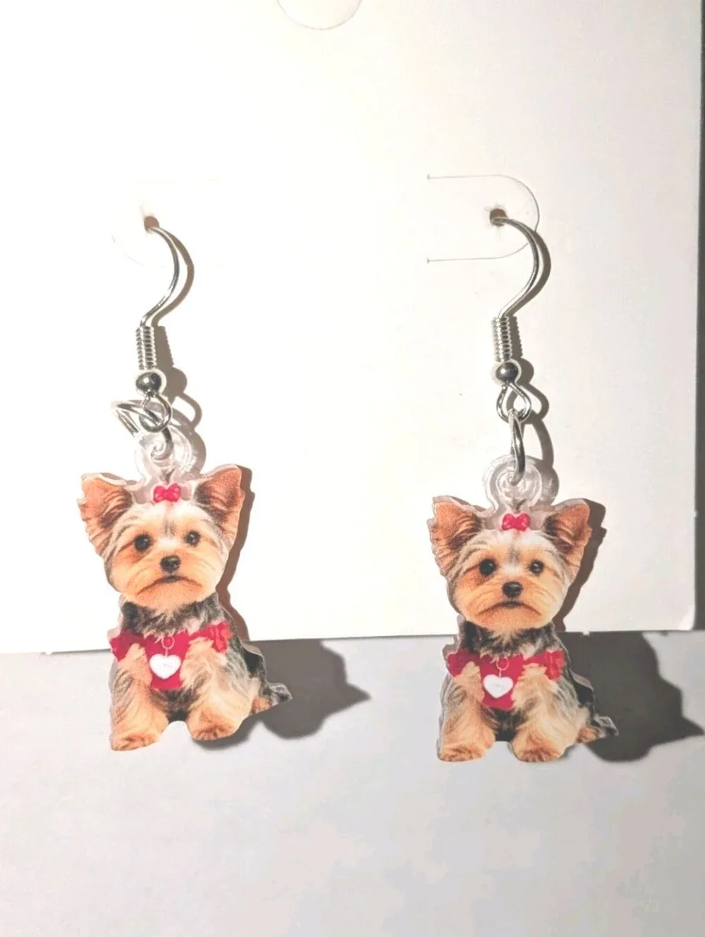 Hand Crafted 2D Flat Yorkie Dog Dangle Earrings in Red Accents
